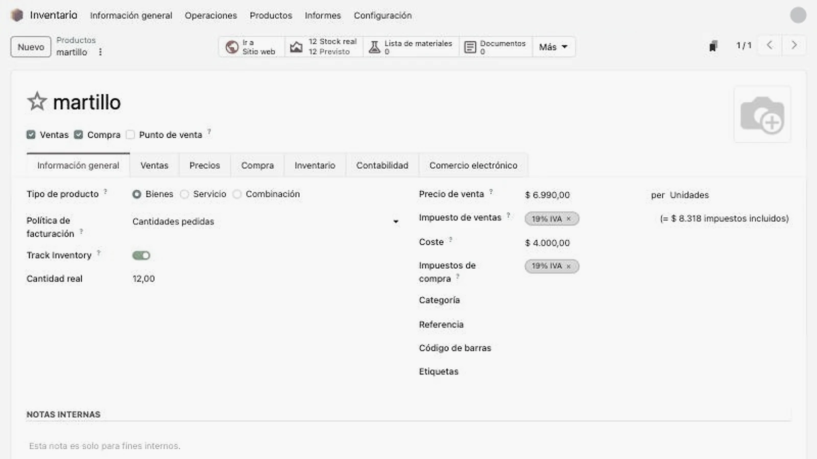 Ficha de producto de un sistema de gestión, en tonos grises: muchos campos pequeños, pestañas y botones sin ninguna explicación.