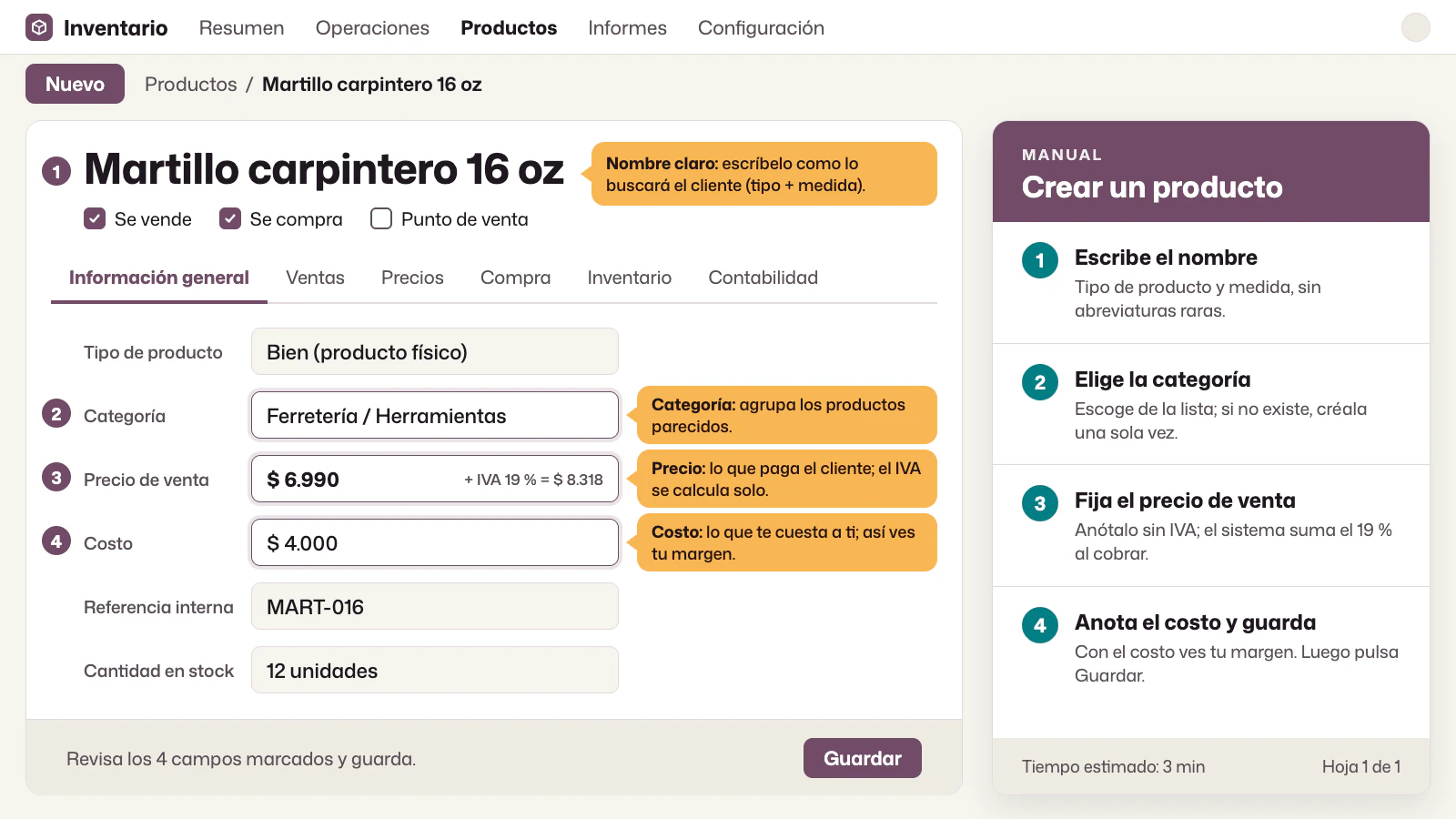 La misma ficha de producto, ordenada: cuatro campos numerados con llamadas ámbar que explican cada uno y, a la derecha, una hoja de manual con los pasos para crear un producto.