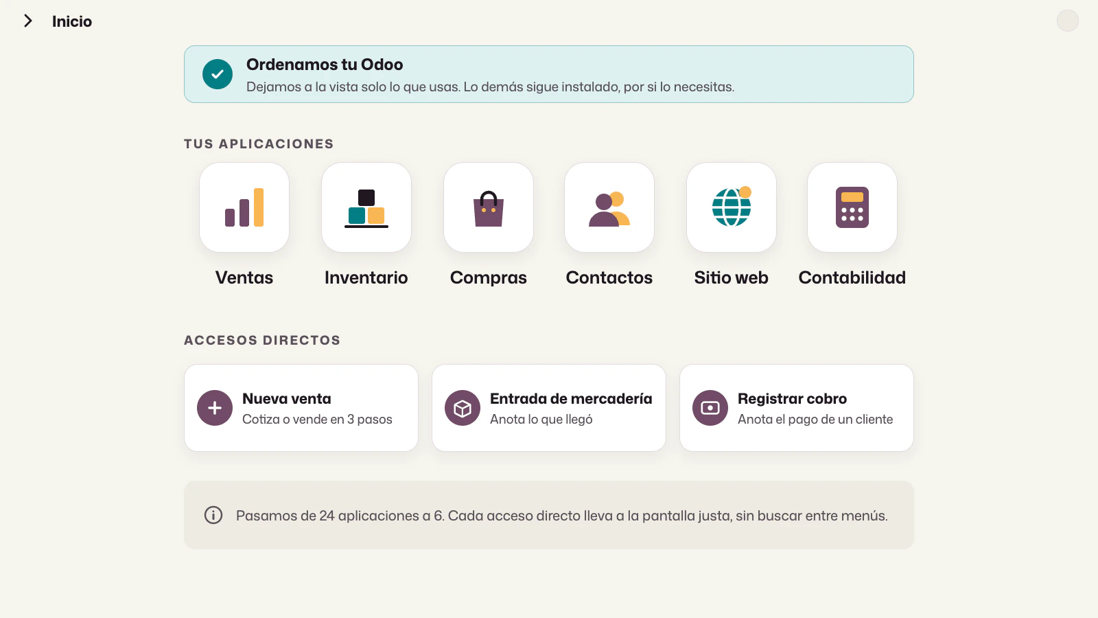 El mismo menú reducido a seis aplicaciones, con tres accesos directos a las tareas más frecuentes y un aviso verde que indica que la vista se ordenó.