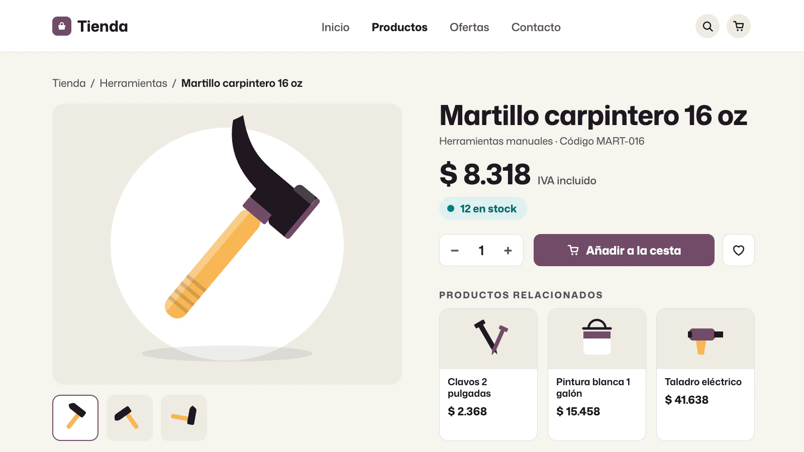Página de producto ordenada: foto grande de un martillo, nombre claro, precio con IVA, aviso de doce unidades en stock y tres productos relacionados.