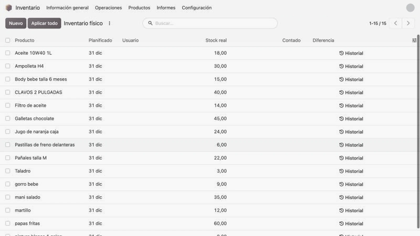 Lista de existencias en gris, con muchos productos y una sola cantidad, sin separar las bodegas.